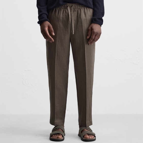ZARA 100% Linen Pants Mens Brown Taupe Size Large Relaxed Fit NWT - Picture 2 of 9
